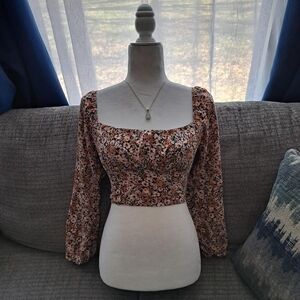 Floral Square-Neck Long-Sleeve Crop Top - Peach Floral